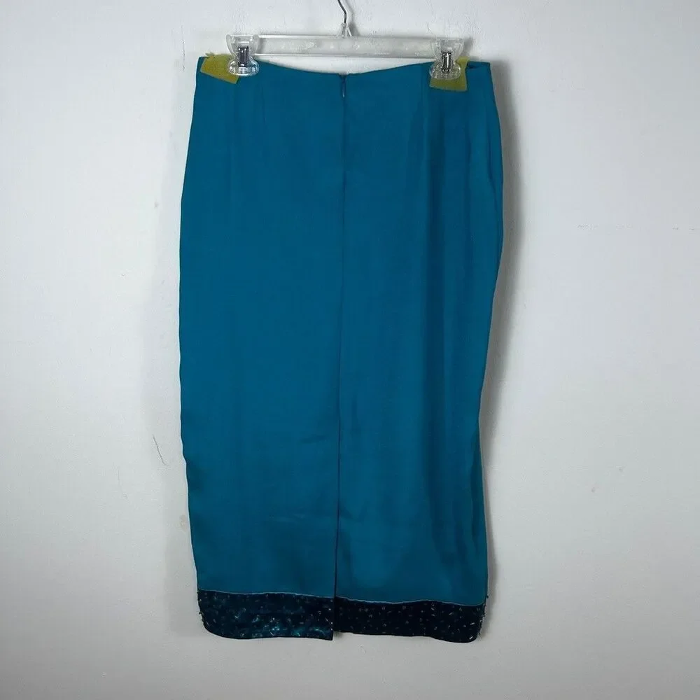 Midnight Velvet Skirt Suit Set Womens Size 8 Teal Blue Beaded Metallic Trim